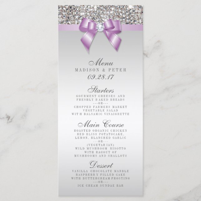 Séquins d'argent Lilac Bow Menu Mariage (Devant)