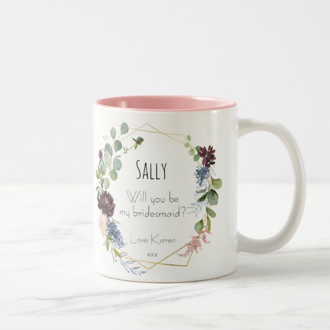 Seras-tu ma demoiselle d'honneur mug bleu floral (Droit)