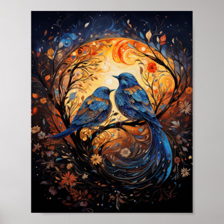 Serenade Lune : Poster d'Oiseaux Bleus Romantiques