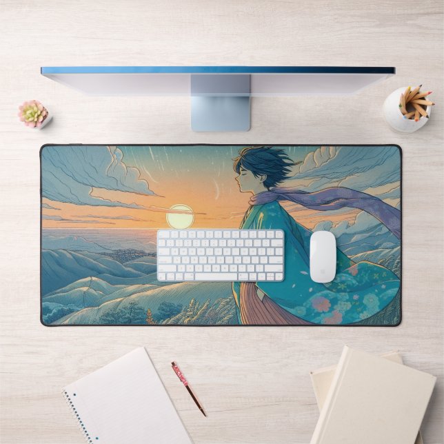 Serene Anime Boy Desk Mat | Vue Océan au sommet d' (Bureau 1)