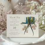Serene Aviary "Save the Date" Faire-part de mariag<br><div class="desc">Présentant un design serein et délicat, cette invitation "Save the Date" saisit l'essence d'une célébration romantique. L'avant est ornée d'un rassemblement de perroquets, leurs plumes d'une tapisserie de jade, de citron vert et d'oliviers, rehaussée de plumes saphirs bleus de queue, le tout perché en équilibre harmonieux sur une branche. Sur...</div>