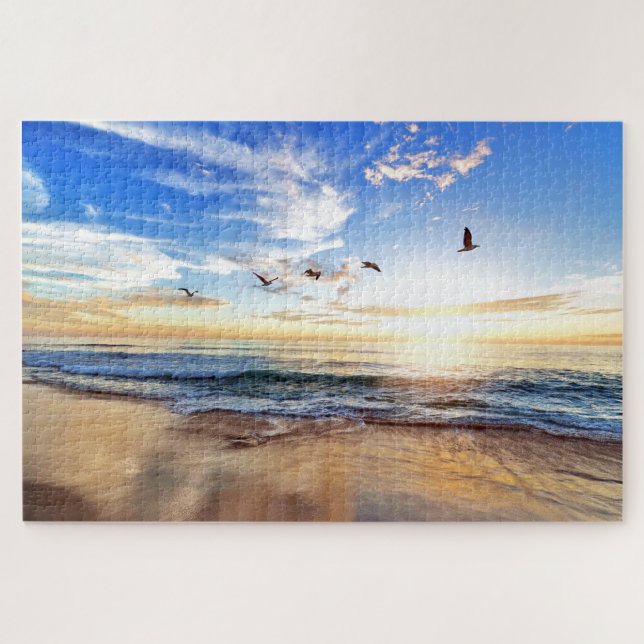 Serene Golden Ocean Sunrise Bird Puzzle (Horizontal)