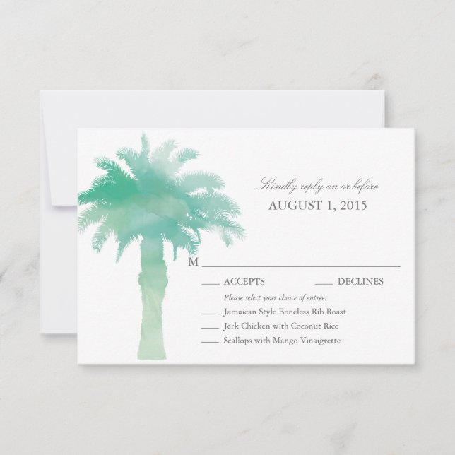 Serene Green Watercolor Palm Tree Wedding RSVP (Devant)