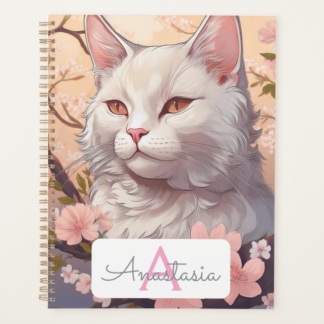Serene White Cat Planner avec nom et monogramme (Devant)