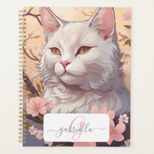 Serene White Cat Planner avec nom et monogramme