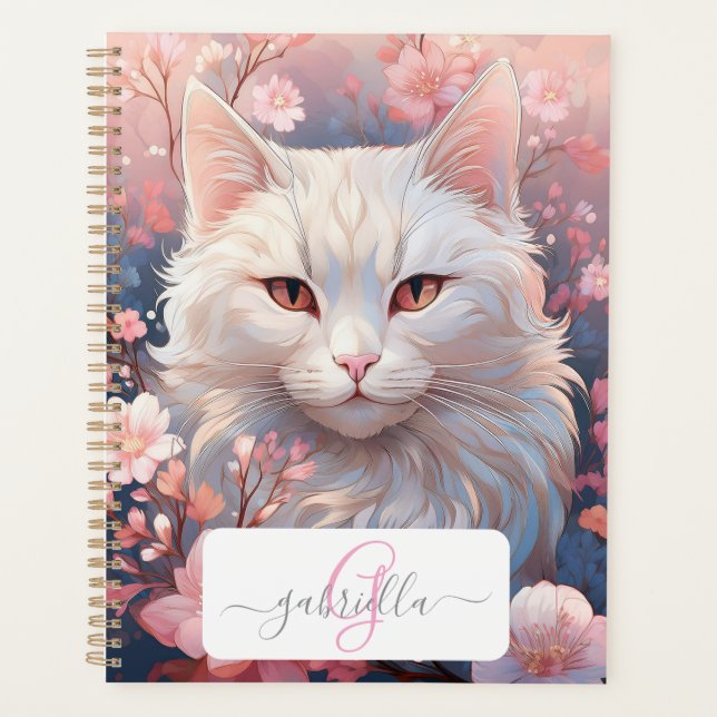 Serene White Cat Planner avec nom et monogramme (Devant)