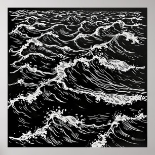 Serenity in Monochrome : Poster Linocut des vagues