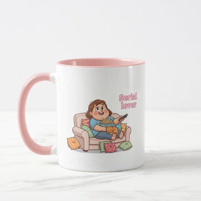 Serial Lover Mug – Cozy Night with Cat & Popcorn (Gauche)