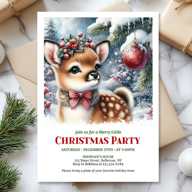 Serine invitation de Noël à l'aquarelle pour bébé  (Serene baby deer watercolor Christmas invite editable download)