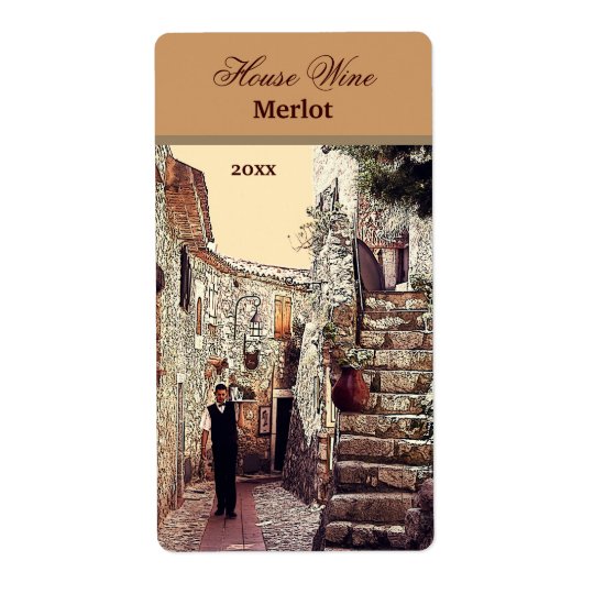 serveur dans un vieil étiquette de vin de ville