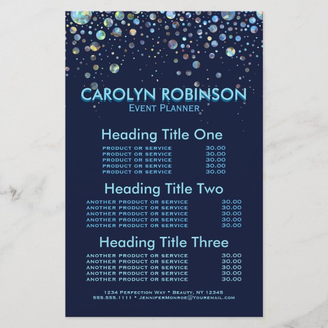 Services et tarifs de planificateur d'événements (Devant)