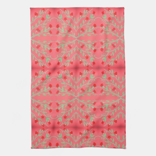 Serviette à fleurs rouge et rose et menthe verte (Vertical)