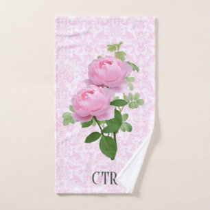 Serviette à main à fleurs damassées avec roses ros