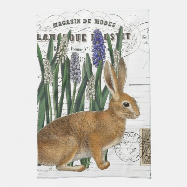 Serviette à main vintage lapin français Script (Vertical)