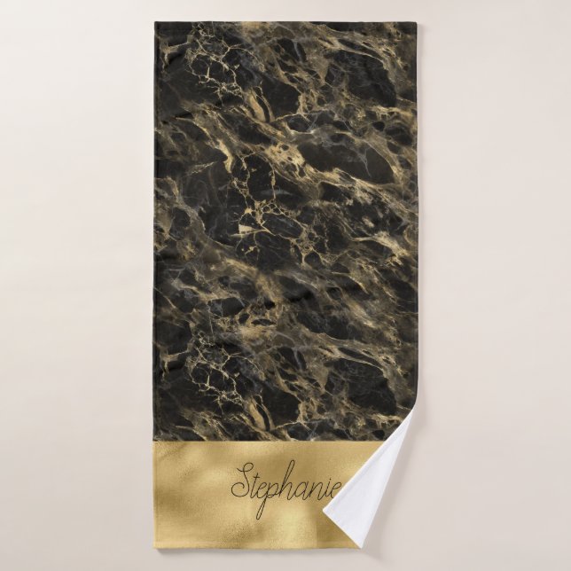 Serviette à monogramme en marbre noir et or (Serviette de bain)