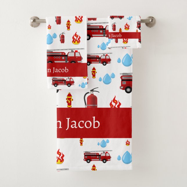 Serviette à motif de camions de pompiers rouges pe (En situation)