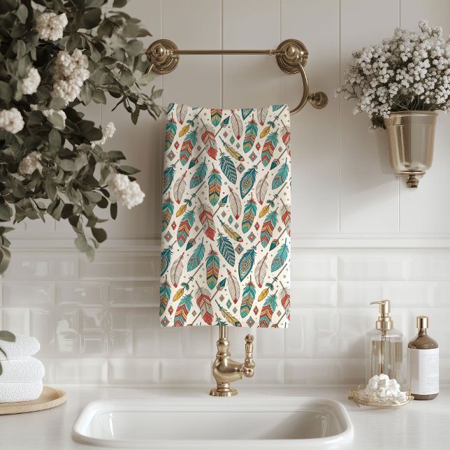 Serviette à motif de plume Accent de salle de bain (Feather Motif Towel Rustic Tribal Bathroom Accent)