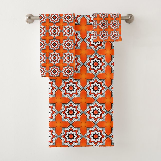 Serviette à motif mandala géométrique orange et bl (En situation)