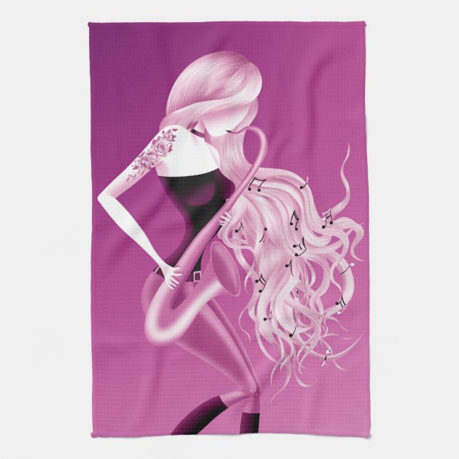 Serviette à thé rose Lady Saxophoniste (Vertical)