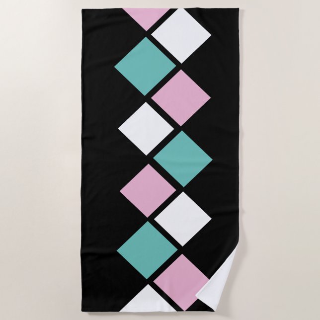 Serviette Arlequin Beach (Noir, Aqua & Rose) (Devant)