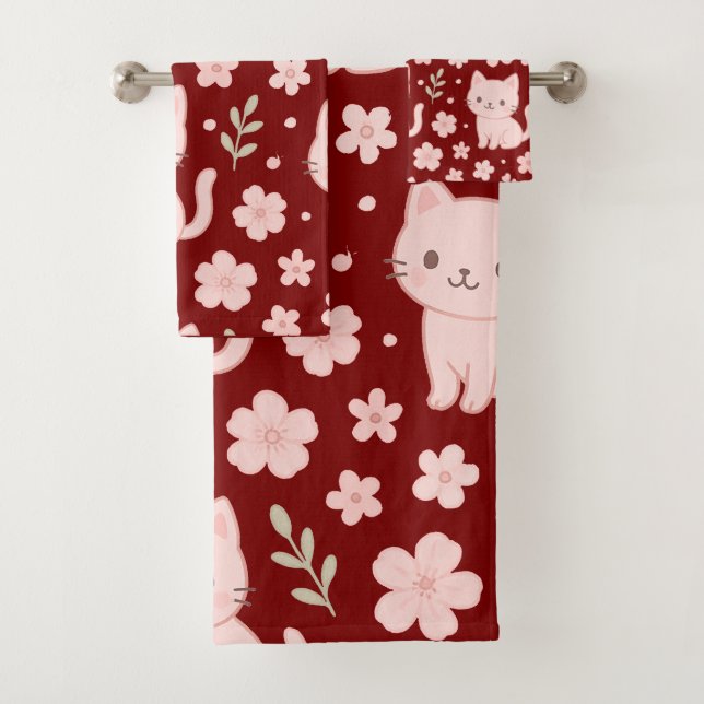 Serviette Cute Kawaii Chats et Fleurs Roses (En situation)