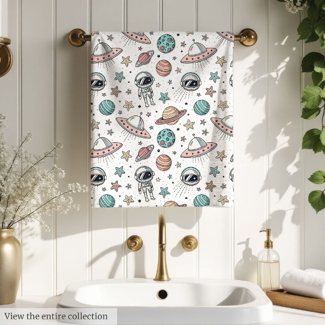 Serviette de bain Astronaute Planètes & Étoiles en (Astronaut Bath Towel Planets & Stars in Pastels)