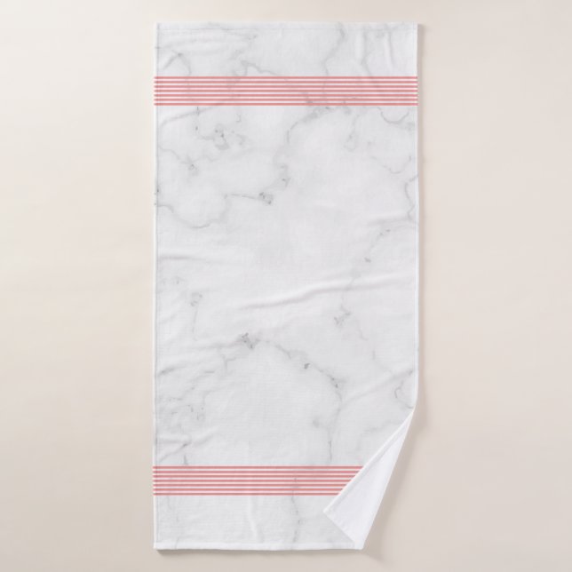 Serviette de bain blanc faux marbre rose rayures (Serviette de bain)
