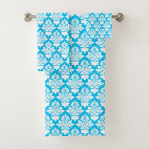 Serviette de bain bleu turquoise et blanc Damas