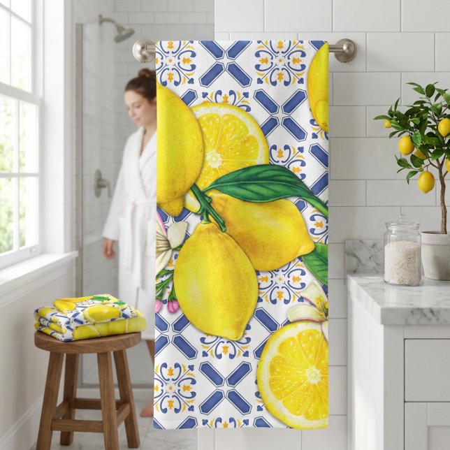 Serviette de bain Citrons à l'aquarelle et rayures (Pretty Watercolor Lemons & Blue Stripes Bath Towel)