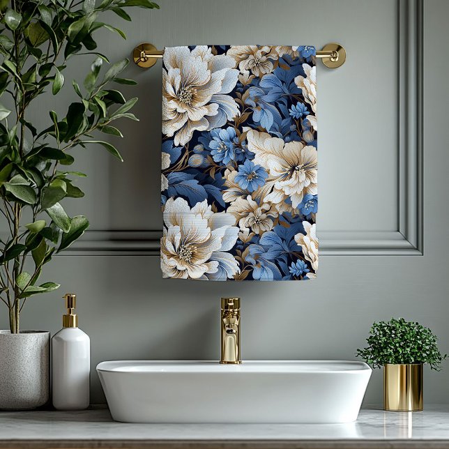 Serviette de bain élégante bleue et dorée à motif  (Elegant Blue and Gold Floral Bath Towel)