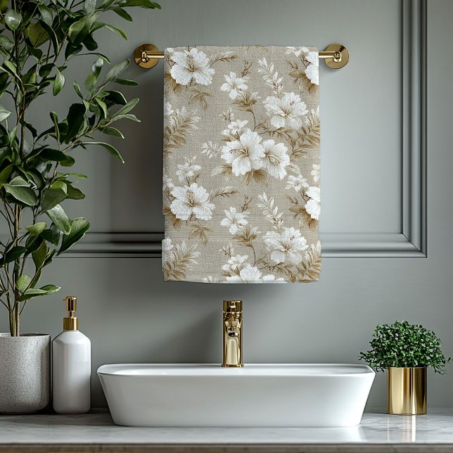 Serviette de bain élégante Fleurs blanches Couleur (Neutral Colors White Flowers Elegant Bath Towel)