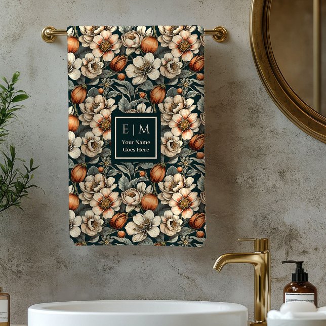 Serviette de bain élégante Fleurs d'automne Sage C (Elegant Fall Flowers Sage Copper Custom Bath Towel)