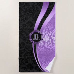 Serviette De Bain En Damas Florales Noir Et Violet