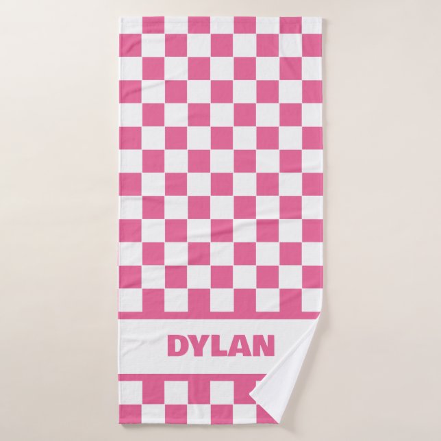 Serviette de bain en damier rose gras (Serviette de bain)
