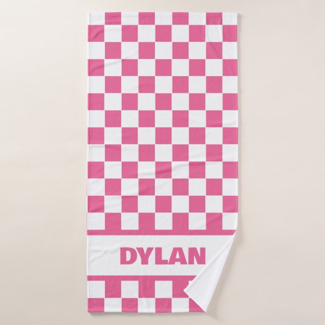 Serviette de bain en damier rose gras (Serviette de bain)