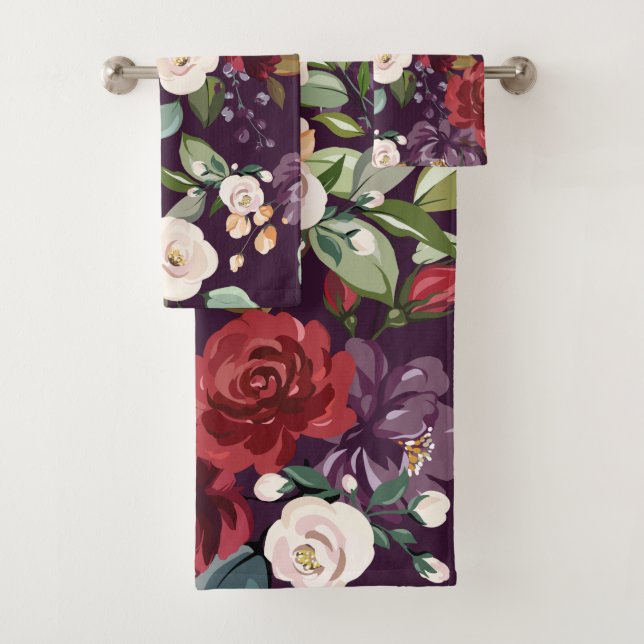 Serviette de bain Ensemble Plum violet Rose or Geo (En situation)
