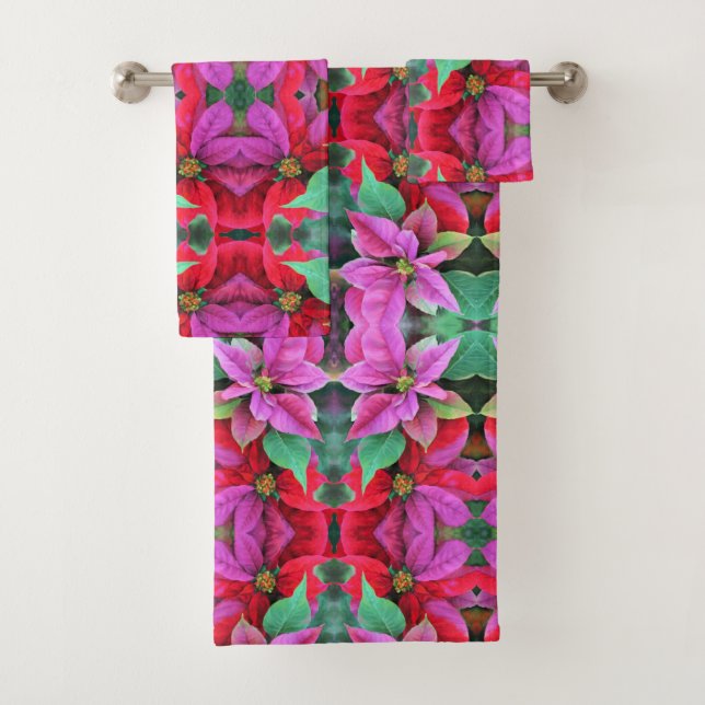 Serviette de bain ensemble rose et rouge Poinsetti (En situation)
