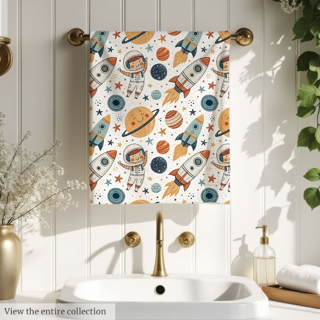 Serviette de bain espace Pastel Planètes & Fusées  (Space Bath Towel Pastel Planets & Rockets for Boy)