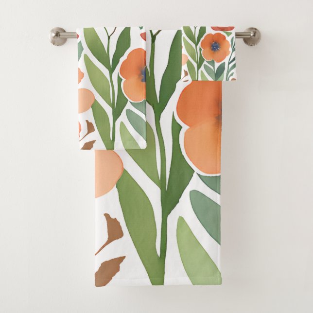 Serviette de bain florale aquarelle en terre cuite (En situation)