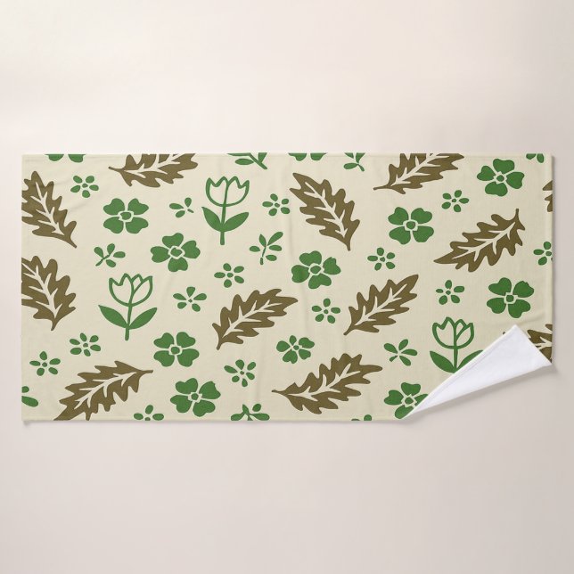Serviette de bain florale crème et verte (Serviette de bain)