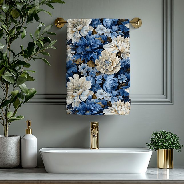 Serviette de bain florale élégante bleu marine ivo (Elegant Navy Blue Ivory Gold Floral Bath Towel)