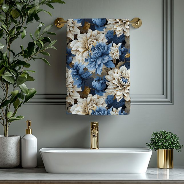 Serviette de bain florale moderne bleu navy ivoire (Modern Navy Blue Ivory Gold Floral Bath Towel)