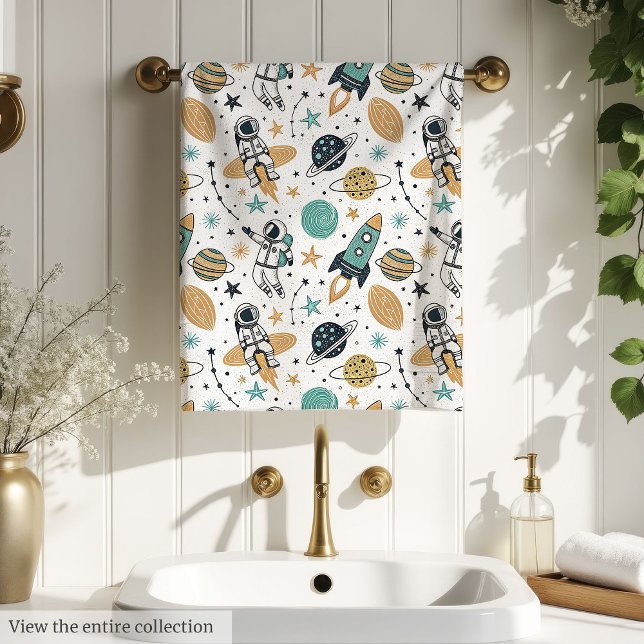 Serviette de bain garçon fusée pastel avec planète (Pastel Rocket Towel Boy Bathroom Gift with Planets)
