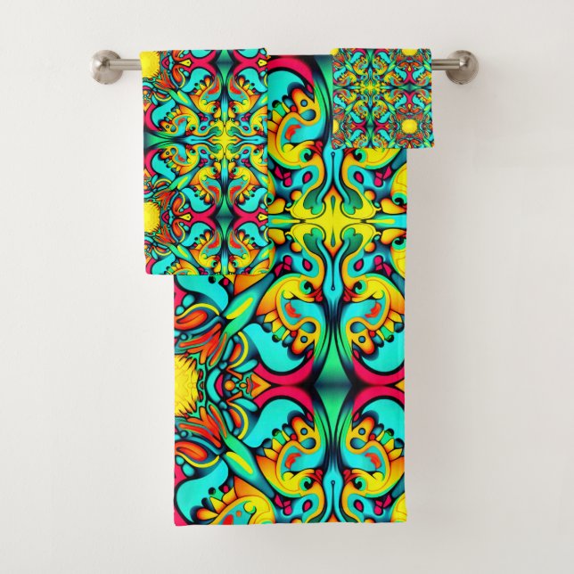 Serviette de bain jaune et bleu (En situation)