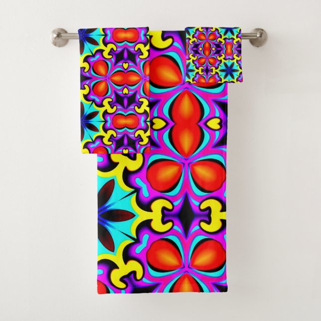 Serviette de bain jaune et rouge (En situation)