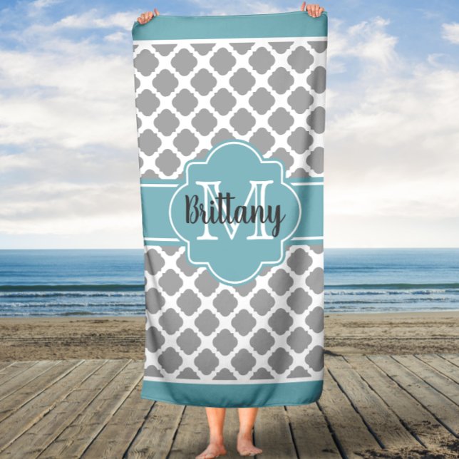 Serviette de bain monogramme Aqua et Grey Quatrefo (Créateur téléchargé)