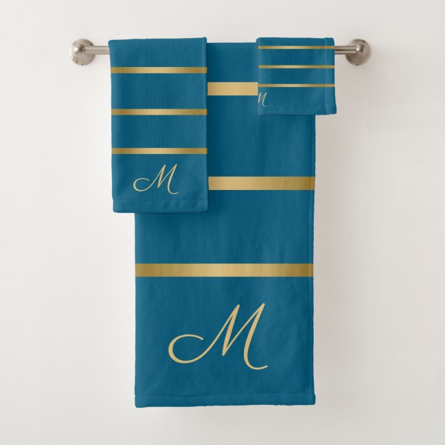 Serviette de bain motif à rayures turquoise et or (En situation)