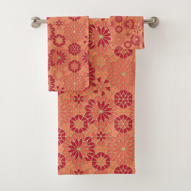 Serviette de bain motif rouge et orange (En situation)