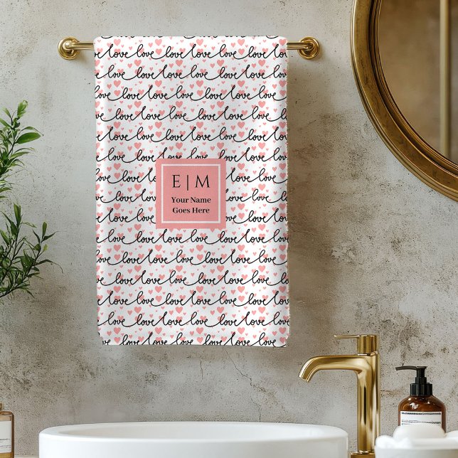 Serviette de bain personnalisée Love Text Cadeau d (Personalized Valentine Bath Towel Pink Black Hearts)