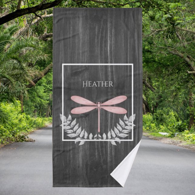 Serviette de bain personnalisée Rustique à libellu (Pink Dragonfly Rustic Personalized Bath Towel Set)